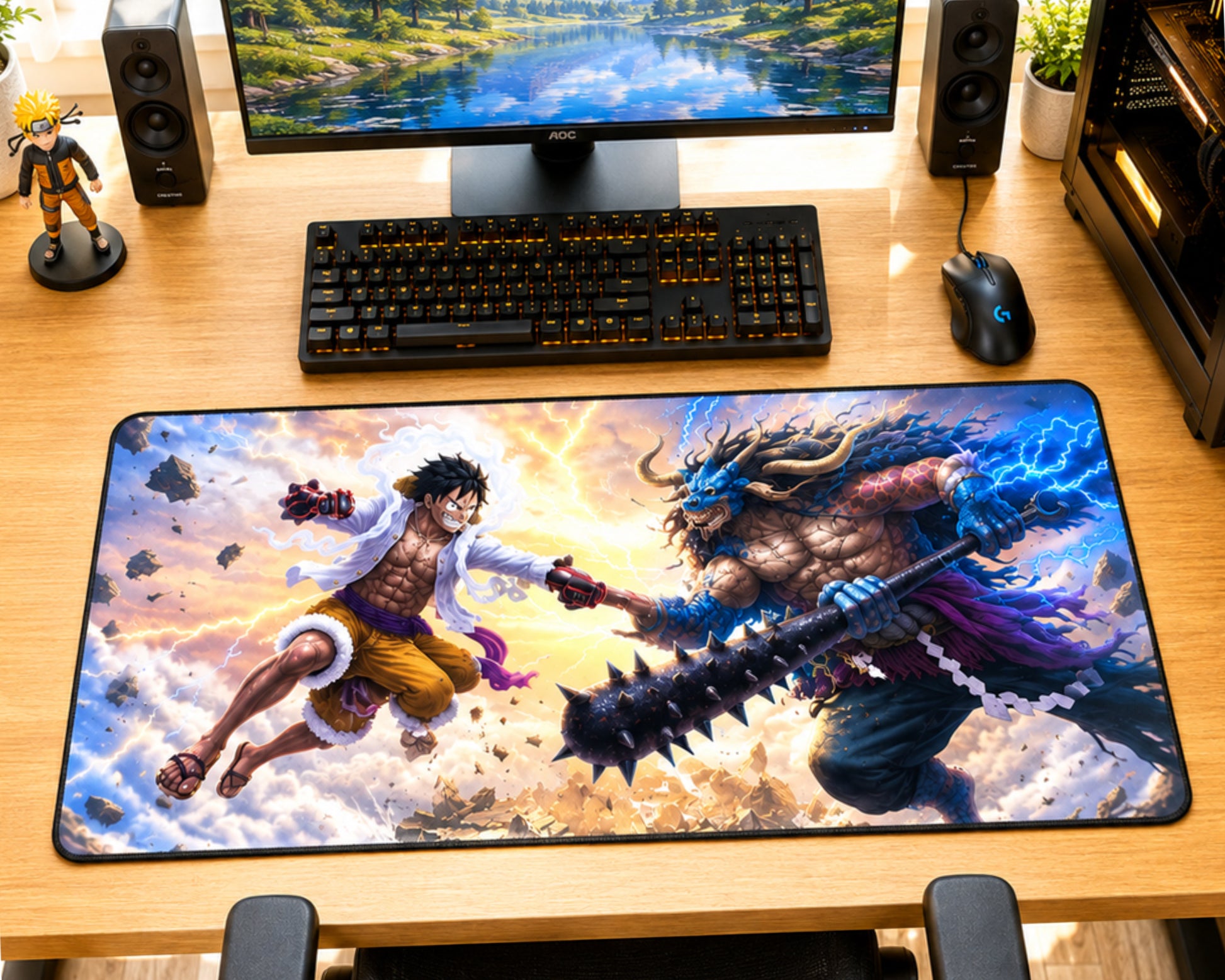 A large rectangular gaming desk mat featuring a detailed anime battle scene with two characters, placed on a wooden desk in front of a keyboard, mouse, speakers, and monitor.