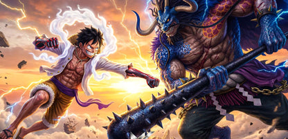 Vibrant anime-style artwork showing a male warrior in a white open shirt and yellow shorts striking a large blue horned beast with a spiked club, set against a dramatic orange sunset sky with lightning.