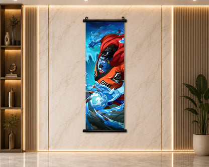 A vertical wall scroll art print featuring a dynamic anime-style character in a red cape and blue armor, displayed on a beige marble wall in a modern interior setting.