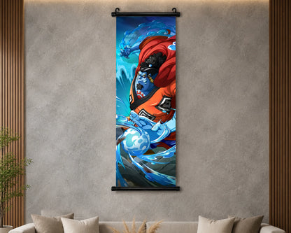 A vertical wall scroll art print featuring a blue-skinned anime character in an orange robe surrounded by water, displayed on a textured gray wall above a sofa in a modern living room setting.