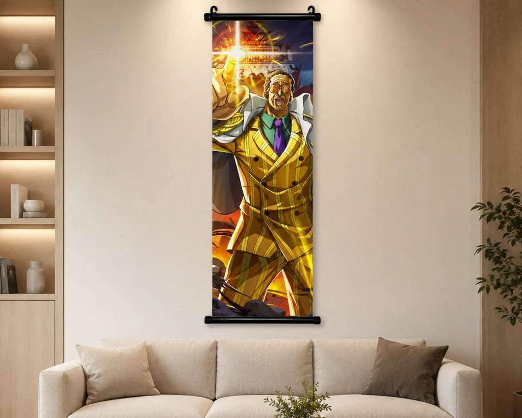 A vertical wall scroll banner featuring an illustrated superhero in a bright yellow suit, hanging on a beige wall above a light-colored sofa in a modern living room setting.