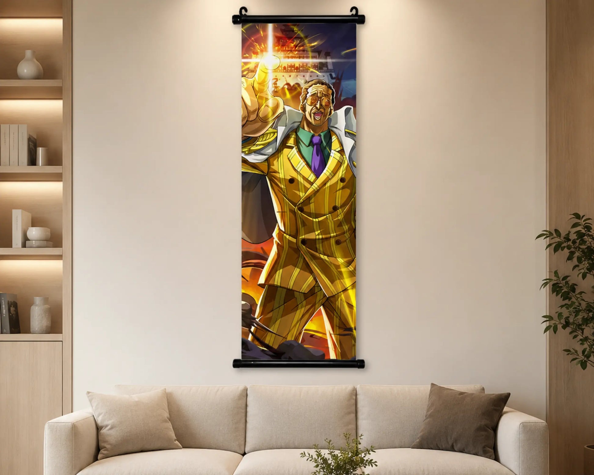 A vertical wall scroll banner featuring an illustrated superhero in a bright yellow suit, hanging on a beige wall above a light-colored sofa in a modern living room setting.