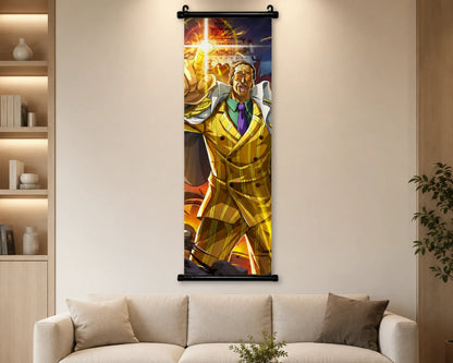 A vertical wall scroll banner featuring an illustrated superhero in a bright yellow suit, hanging on a beige wall above a light-colored sofa in a modern living room setting.