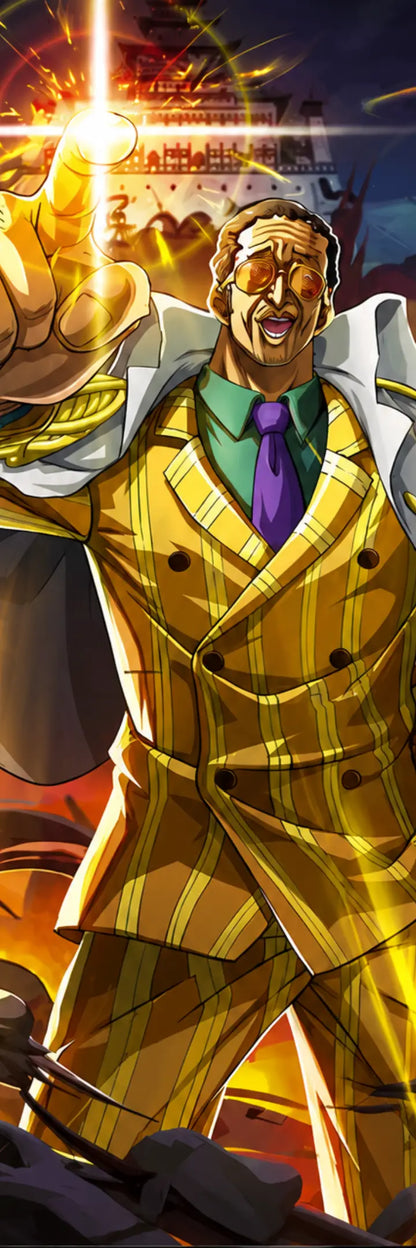 An anime-style illustration of a man in a yellow striped double-breasted suit with a purple tie, pointing forward with a bright light effect, set against a dark, dramatic background.