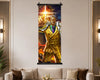 A vertical wall scroll poster featuring an anime-style illustration of a man in a gold suit pointing forward with a glowing light, displayed on a beige wall above a sofa in a modern living room setting.