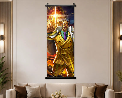 A vertical wall scroll poster featuring an anime-style illustration of a man in a gold suit pointing forward with a glowing light, displayed on a beige wall above a sofa in a modern living room setting.
