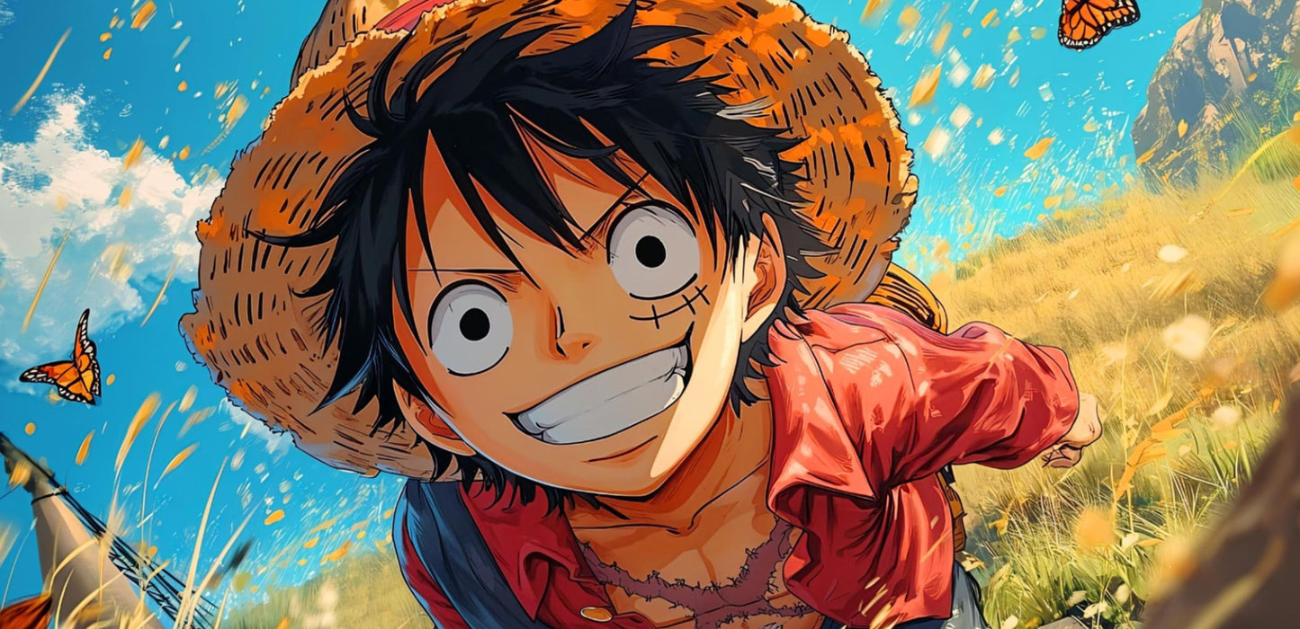 Anime-style artwork of a smiling boy with large eyes wearing a straw hat and red shirt, set in a sunny outdoor landscape with grass, blue sky, and butterflies.