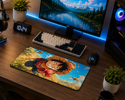 A large desk mat featuring a colorful anime-style character illustration is placed on a wooden desk in a gaming setup, alongside a keyboard, mouse, monitor, and small plants.
