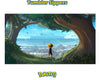 A Pokémon-themed art print featuring the character Monkey D. Luffy from One Piece standing in a forest opening overlooking the blue ocean and sky.