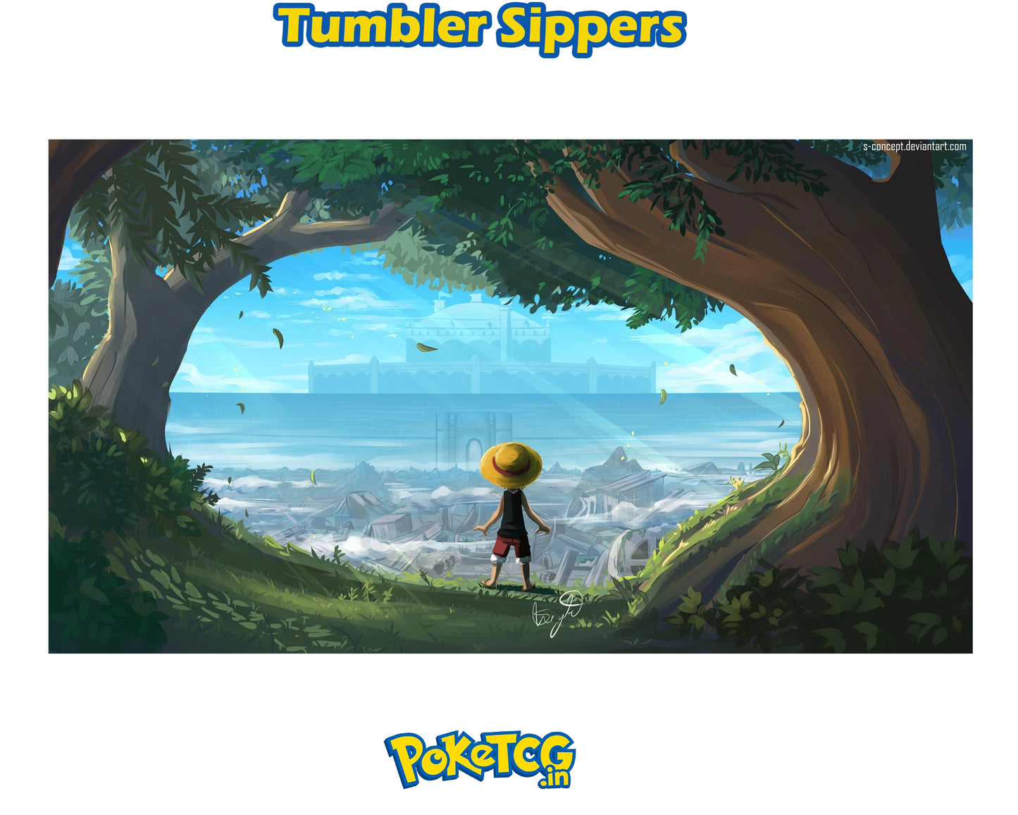 A Pokémon-themed art print featuring the character Monkey D. Luffy from One Piece standing in a forest opening overlooking the blue ocean and sky.