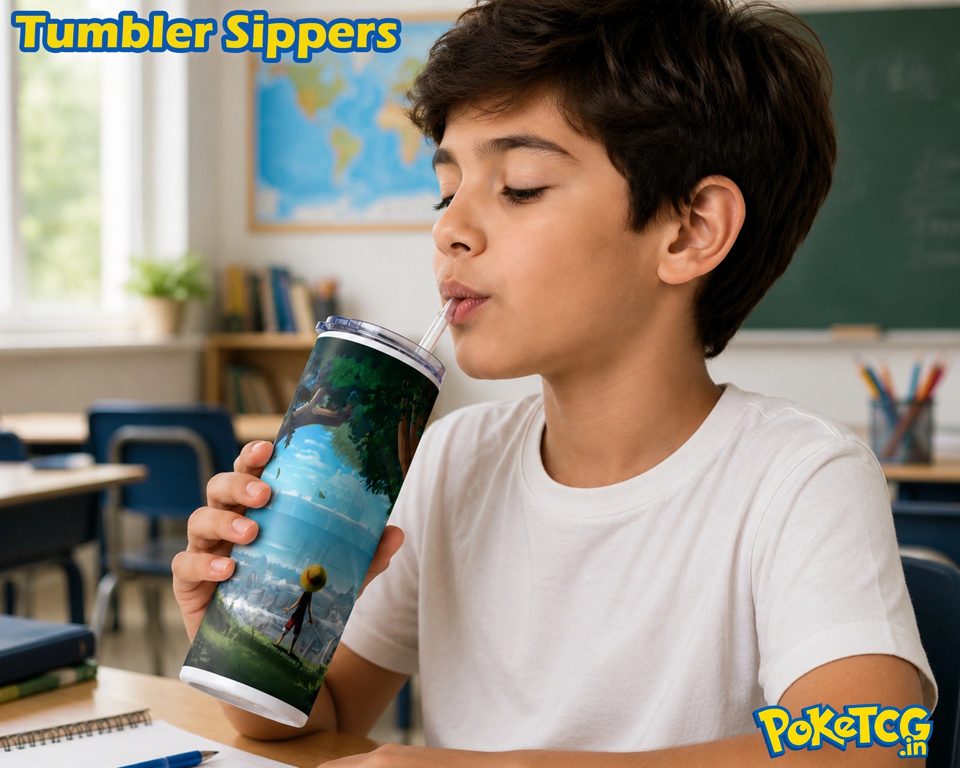 A boy in a white t-shirt drinking from a custom-printed tumbler cup featuring a landscape illustration, set in a classroom environment. Text overlays read 'Tumbler Sippers' and 'PokéTCG'.