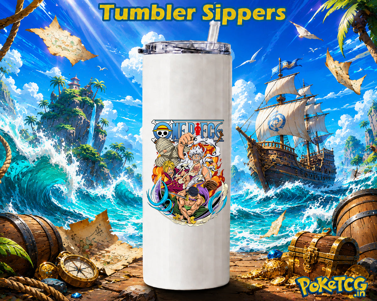 A tall white insulated tumbler with a clear lid and straw, featuring a colorful One Piece anime graphic on the front. The tumbler is centered against a vivid pirate-themed background with ocean waves, treasure chests, a ship, and the text 'Tumbler Sippers' and 'PoketCG'.