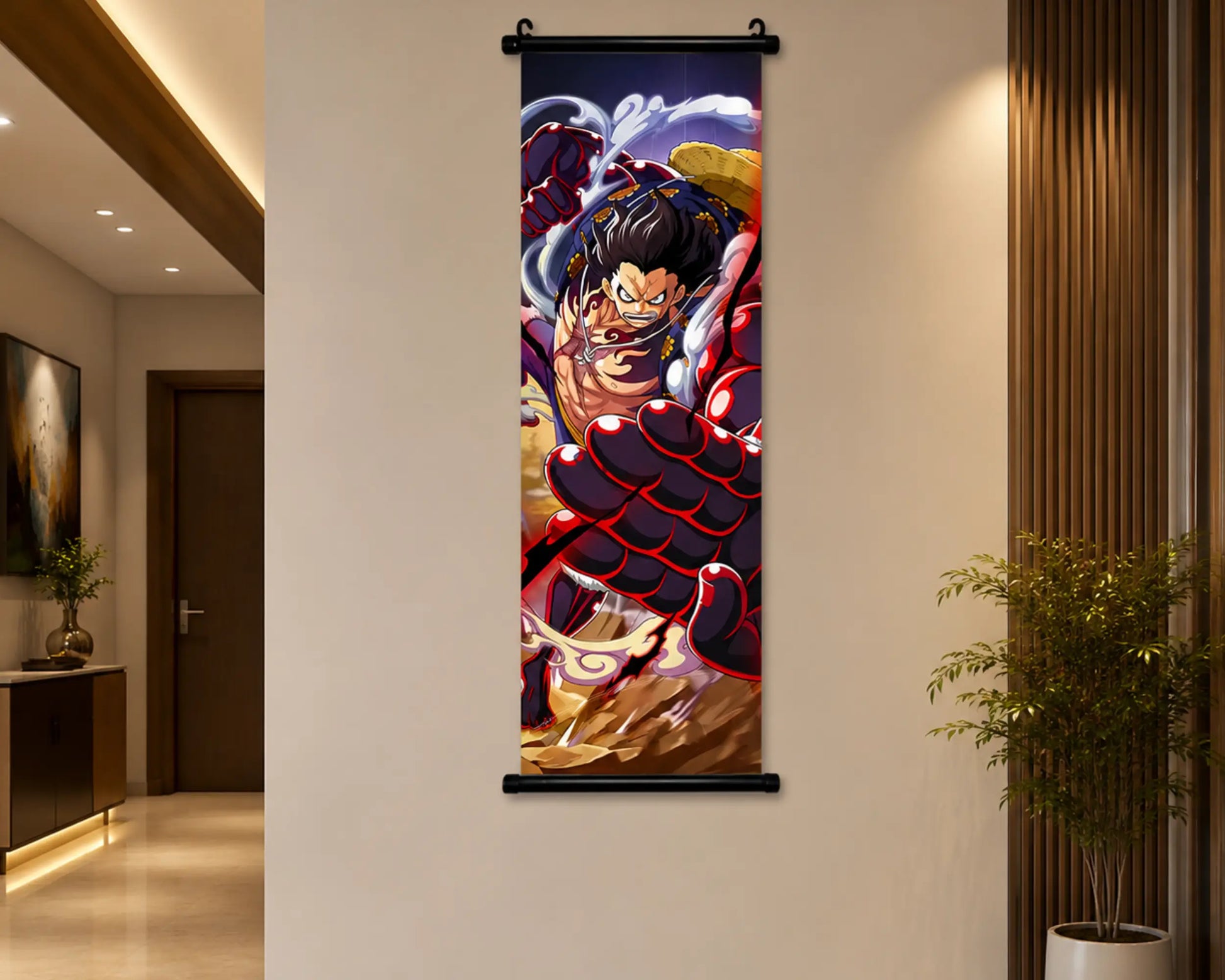 A vertical anime wall scroll featuring a dynamic character illustration in red, black, blue, and gold tones, hanging on a beige wall in a modern interior hallway with wood slat paneling and a potted plant.