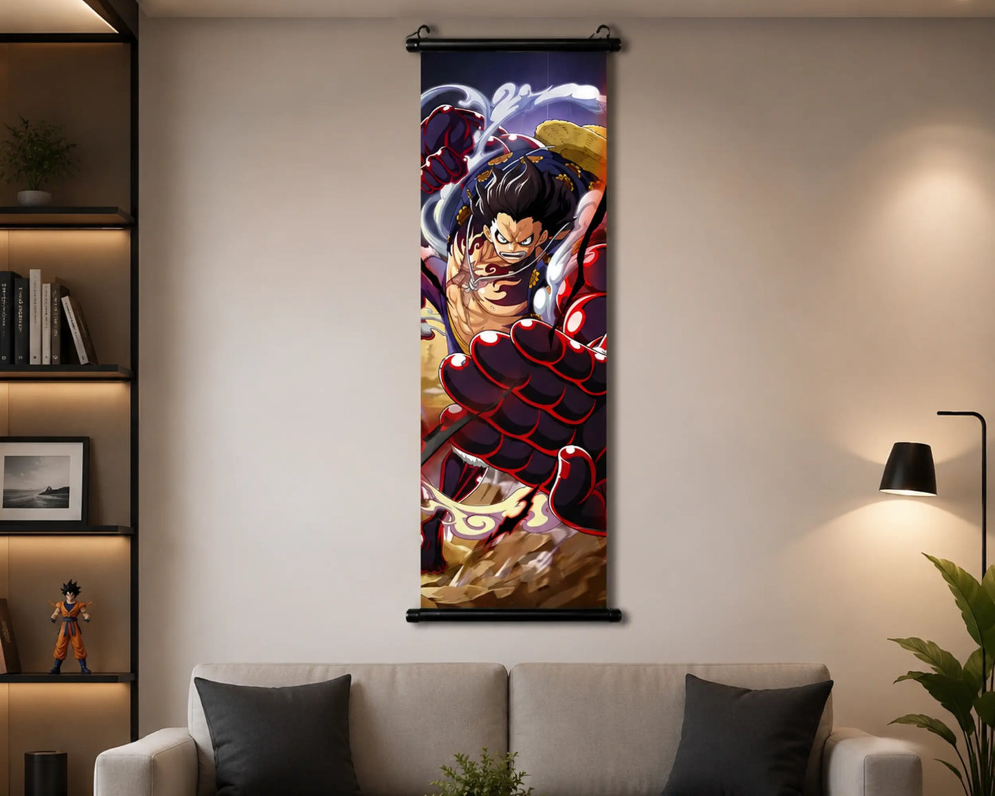 A vertical anime wall scroll poster featuring a dynamic character battle scene, hanging on a beige wall above a sofa in a modern living room setting.