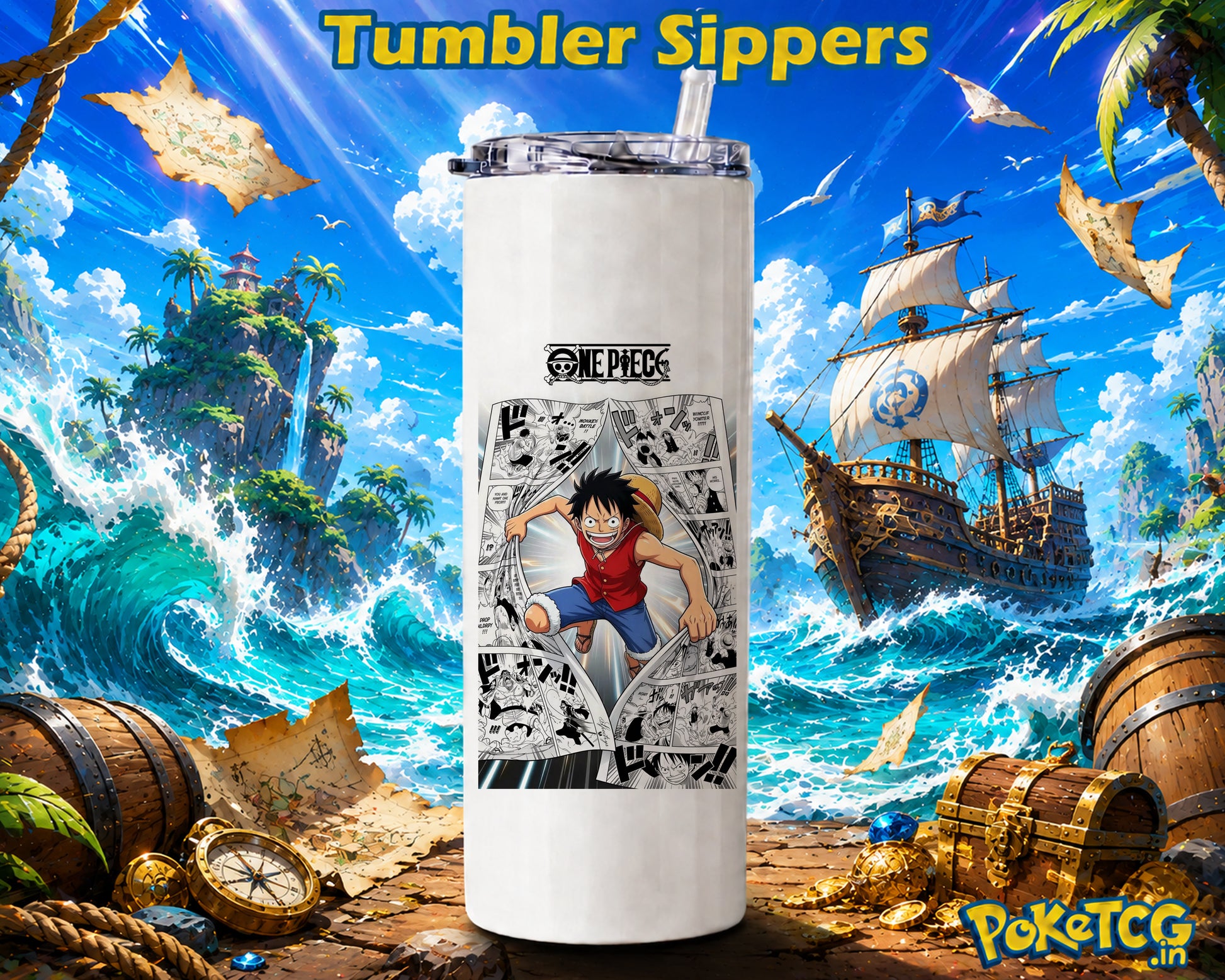 A white insulated tumbler with a clear lid and straw, featuring One Piece character Luffy printed on the front. The tumbler is centered against a vibrant pirate-themed background with blue ocean waves, treasure chests, a ship, and the text 'Tumbler Sippers' at the top and 'PoketCG' in the bottom right corner.