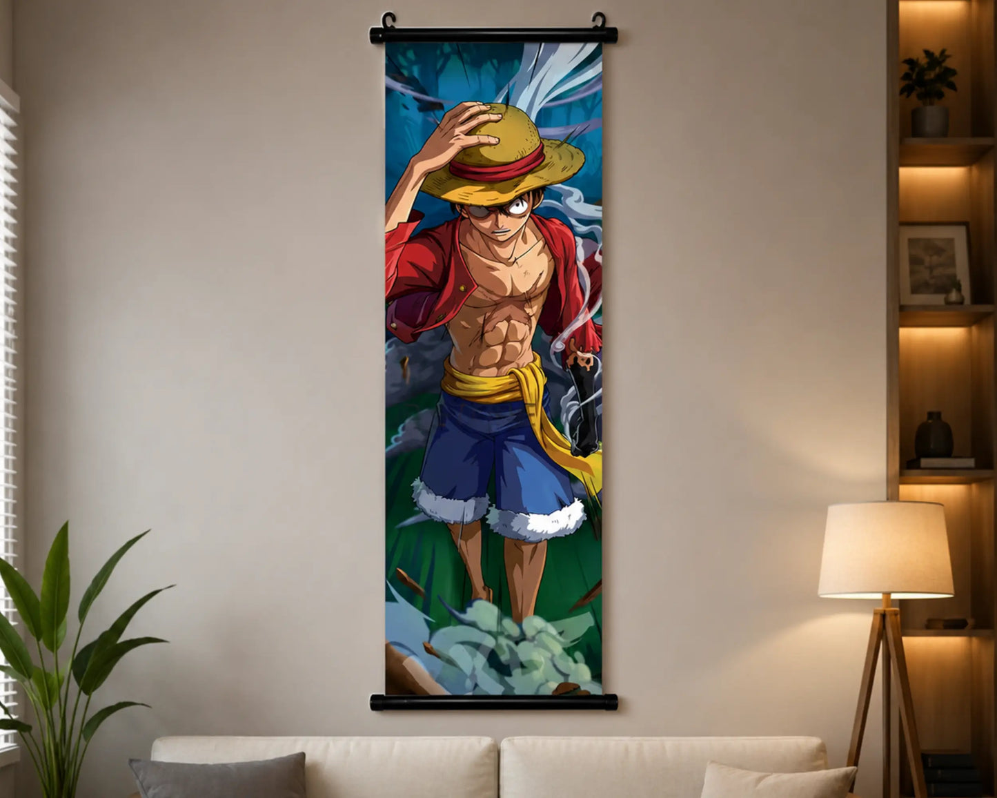 A vertical wall scroll poster featuring the anime character Monkey D. Luffy from One Piece, displayed hanging on a beige wall in a modern living room setting above a sofa with a lamp and plant nearby.