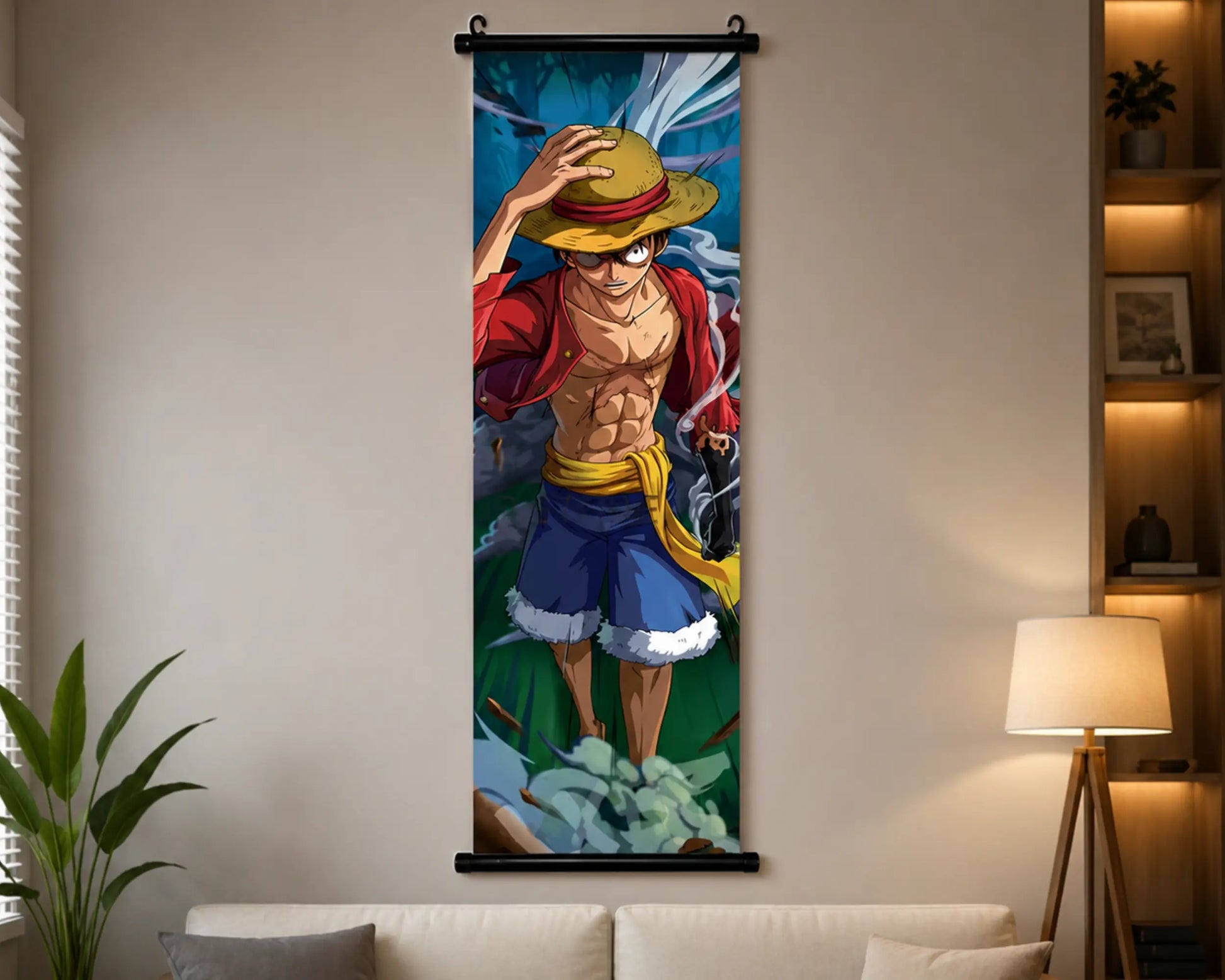 A vertical wall scroll poster featuring the anime character Monkey D. Luffy from One Piece, displayed hanging on a beige wall in a modern living room setting above a sofa with a lamp and plant nearby.