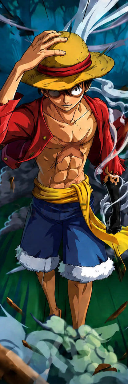 A stylized anime character illustration of a shirtless man wearing a yellow straw hat, red open-front shirt, yellow sash, and blue shorts with white trim, standing in a dramatic blue-green environment.