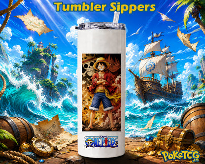 A white insulated tumbler with a clear lid and straw, featuring a One Piece anime character graphic and the One Piece logo near the bottom. The tumbler is centered against a vivid pirate-themed background with ocean waves, treasure, a ship, and the text 'Tumbler Sippers' and 'Pokétog'.