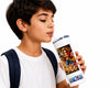 A young boy with short dark hair, wearing a white t-shirt and a navy backpack strap, is shown drinking from a white insulated tumbler with a straw. The tumbler features a colorful graphic of the anime character Monkey D.