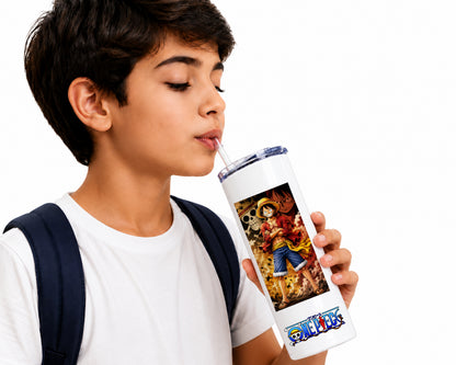 A young boy with short dark hair, wearing a white t-shirt and a navy backpack strap, is shown drinking from a white insulated tumbler with a straw. The tumbler features a colorful graphic of the anime character Monkey D.