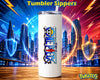 A white insulated tumbler with a clear lid and straw, featuring the One Piece logo printed vertically on the front. The tumbler is centered against a vibrant, neon-lit futuristic cityscape background with blue and red tones, lightning, shields, and glowing rings.