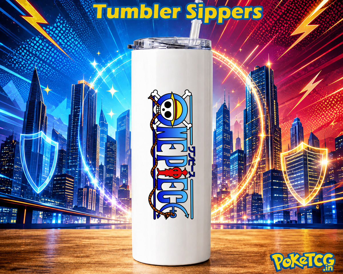 A white insulated tumbler with a clear lid and straw, featuring the One Piece logo printed vertically on the front. The tumbler is centered against a vibrant, neon-lit futuristic cityscape background with blue and red tones, lightning, shields, and glowing rings.