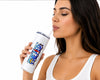 A woman drinking from a white insulated tumbler with a clear straw. The tumbler features a colorful graphic that reads 'WORLD'S MOST LIKELY' in blue, red, and yellow.