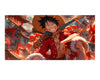 A rectangular art print featuring an anime-style illustration of a smiling character in a straw hat and red coat, surrounded by warm red and orange tones, shown centered on a white background.
