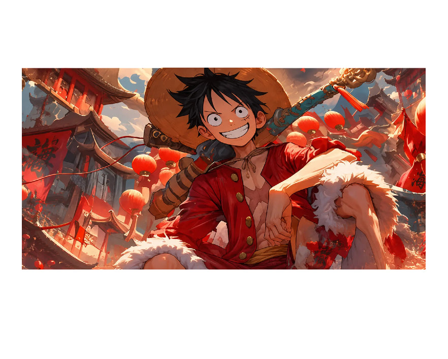 A rectangular art print featuring an anime-style illustration of a smiling character in a straw hat and red coat, surrounded by warm red and orange tones, shown centered on a white background.