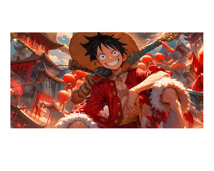 A rectangular art print featuring an anime-style illustration of a smiling character in a straw hat and red coat, surrounded by warm red and orange tones, shown centered on a white background.
