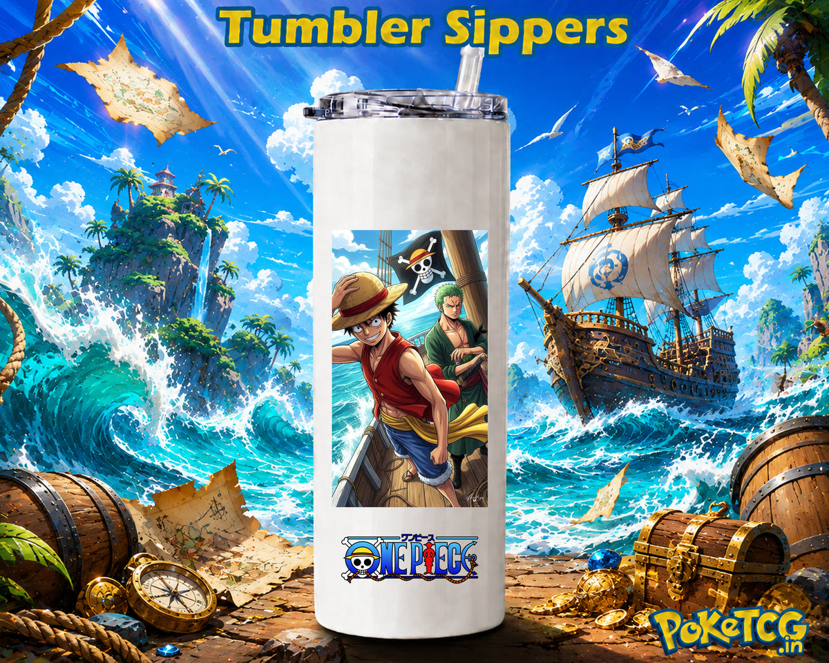A white insulated tumbler with a clear lid and straw, featuring a One Piece anime graphic of Luffy and Zoro on the front, set against a vibrant pirate-themed ocean backdrop with a ship, treasure, and the text 'Tumbler Sippers' and 'PoketCG'.