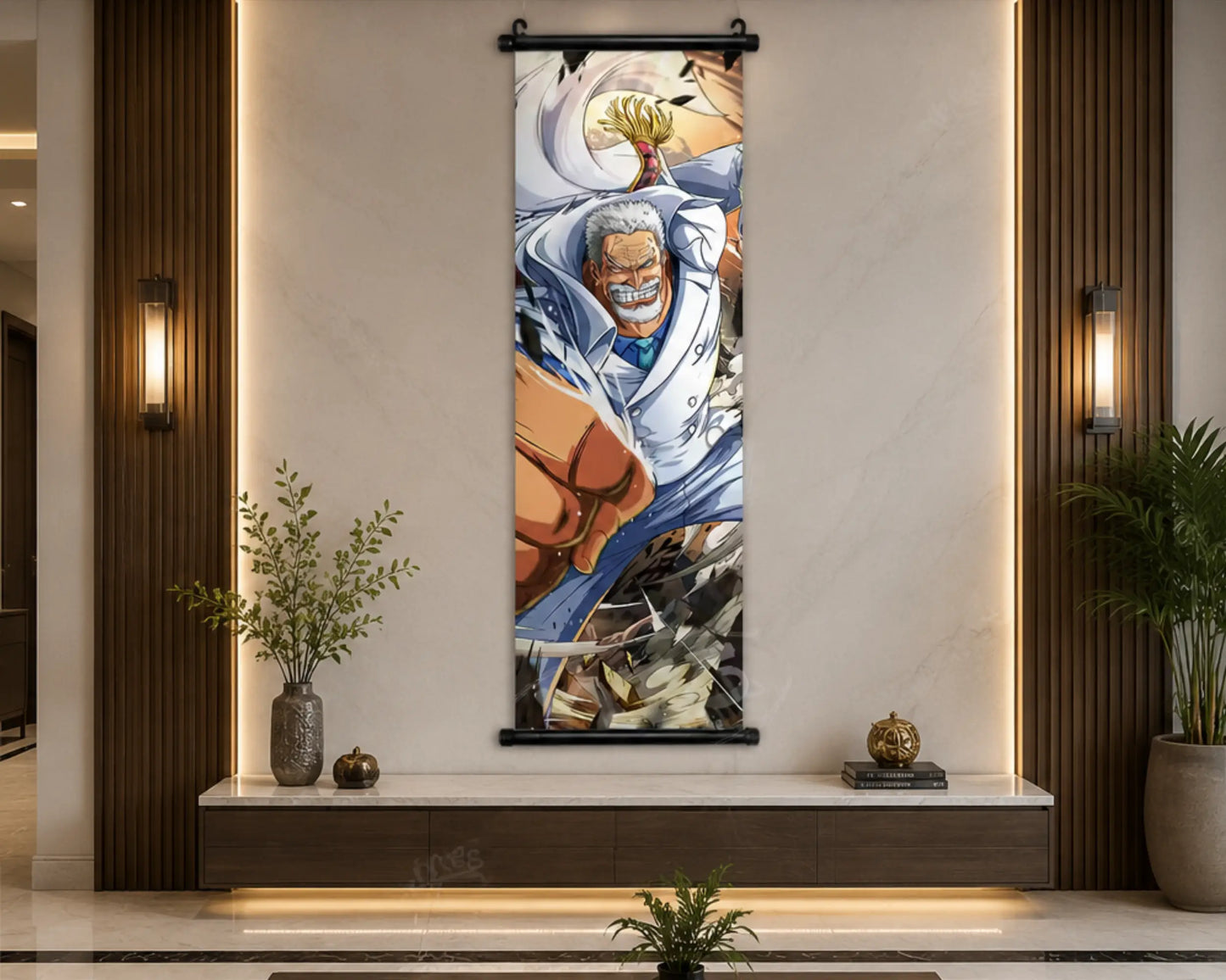 A vertical anime wall scroll featuring a dynamic illustration of a white-haired warrior in blue and orange clothing, displayed in a modern interior setting with wood slat walls, sconces, and potted plants.