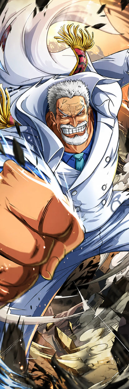 Anime-style illustration of a smiling man with white hair and beard, wearing a white coat over a blue shirt, with a large clenched fist in the foreground and dynamic motion effects around him.