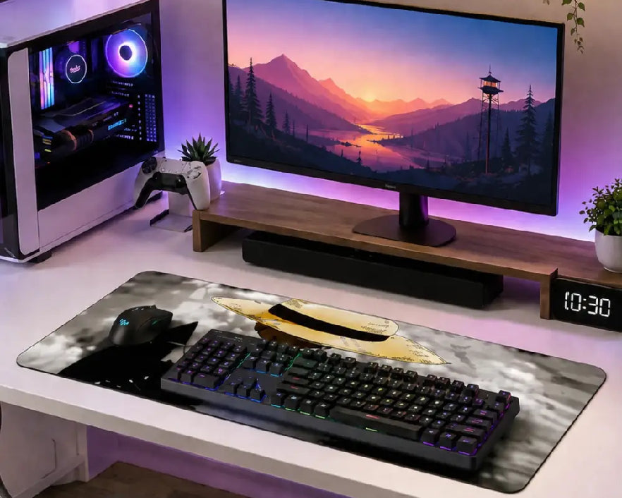 A large desk mat with a mountain and boat graphic design is shown on a white desk alongside a black keyboard, mouse, and a computer tower with a game controller. The desk setup is illuminated by purple ambient lighting.