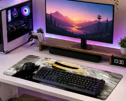 A large desk mat with a mountain and boat graphic design is shown on a white desk alongside a black keyboard, mouse, and a computer tower with a game controller. The desk setup is illuminated by purple ambient lighting.