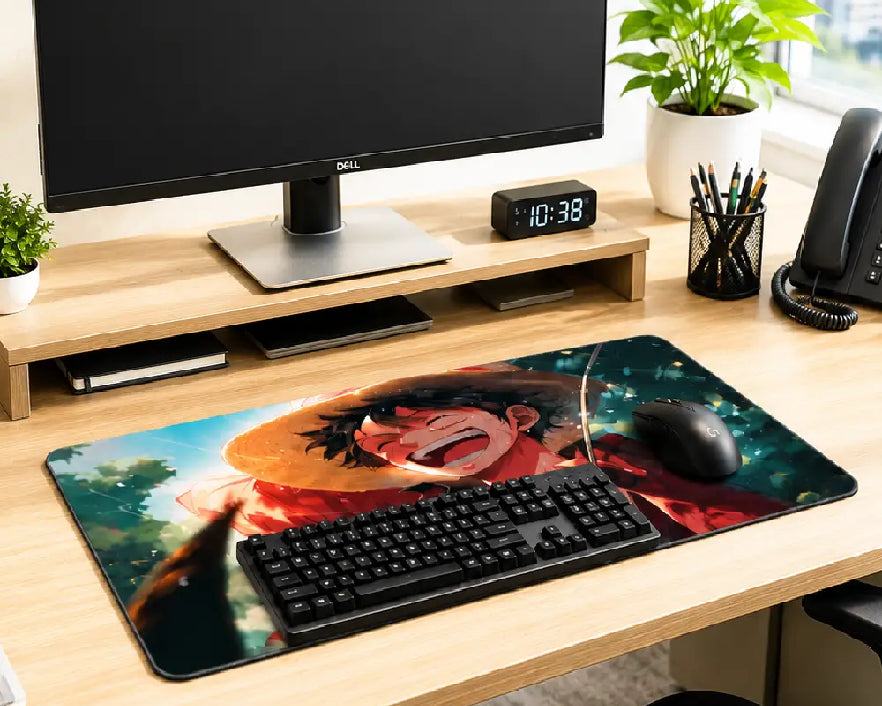 A large desk mat featuring a colorful anime-style character illustration, shown on a light wood desk with a keyboard, mouse, computer monitor, phone, and small plants.