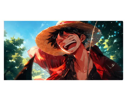 Anime-style artwork of a smiling character wearing a straw hat and red shirt outdoors, with blue sky and green foliage in the background.