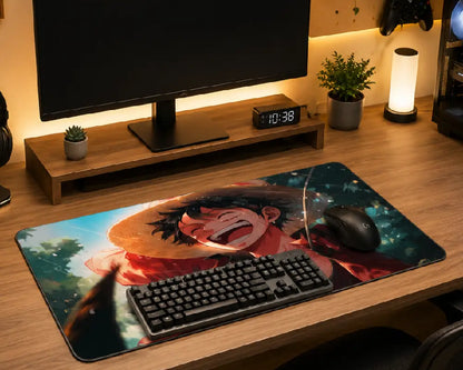 A large desk mat featuring an anime character print, styled on a wooden desk with a keyboard, mouse, monitor stand, and small plants under warm ambient lighting.