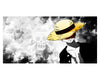 An anime-style illustration of a character wearing a yellow straw hat and black-and-white clothing, set against a smoky black-and-white background with a skull-and-crossbones motif.