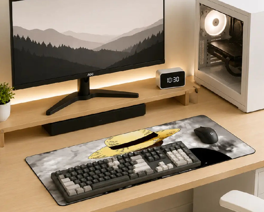 A modern desk setup featuring a large desk mat with a black and white marble pattern and a gold spaceship graphic, holding a mechanical keyboard and mouse. The desk is styled with a monitor, a digital clock, and a computer tower in a bright, minimalist room.