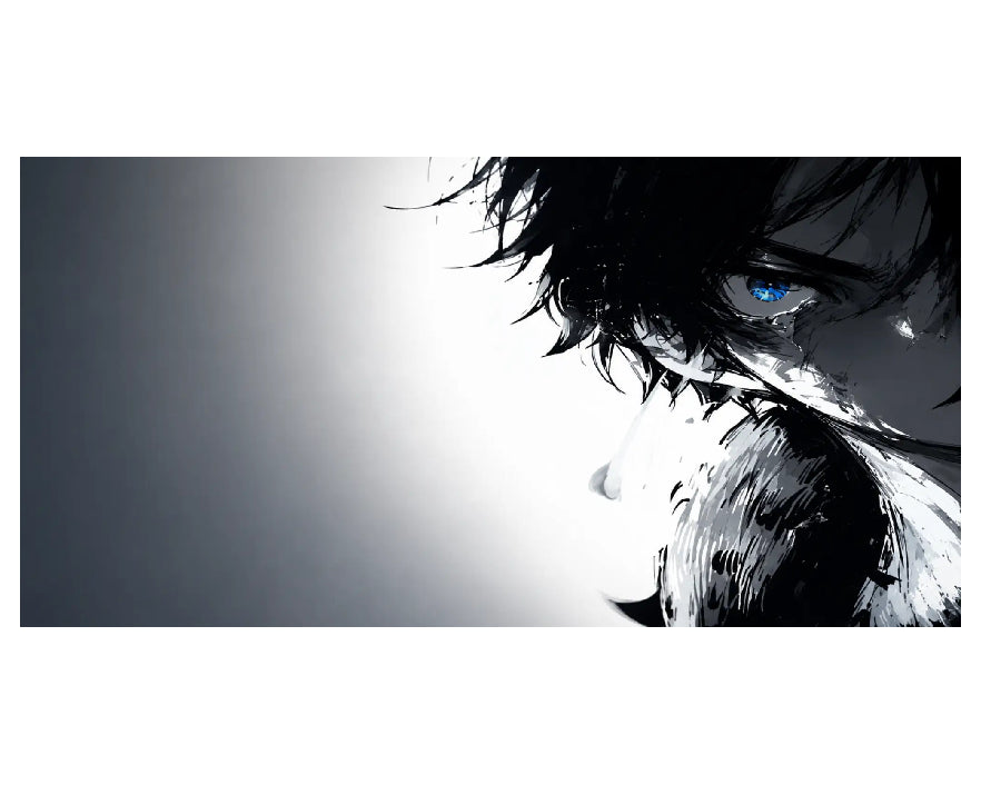 An anime-style portrait print showing a close-up side profile of a person with black hair, a blue eye, and dramatic high-contrast black, white, and gray brushstroke styling on a white background.