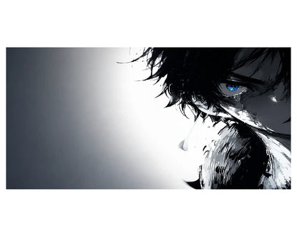 An anime-style portrait print showing a close-up side profile of a person with black hair, a blue eye, and dramatic high-contrast black, white, and gray brushstroke styling on a white background.