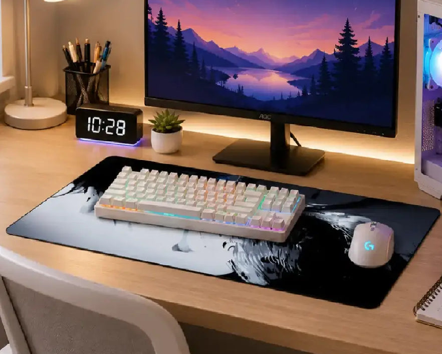 A gaming desk setup featuring a large black and white wolf print desk mat with a white mechanical keyboard and a white Logitech gaming mouse on top, set on a light wood desk under a computer monitor.