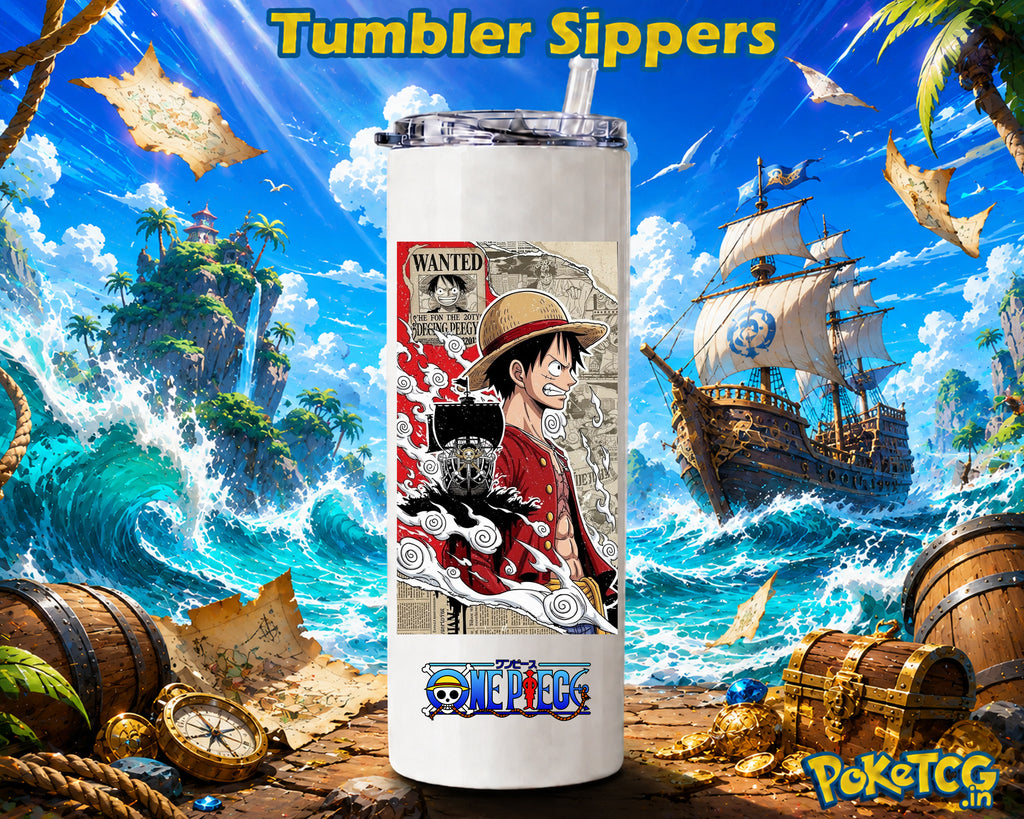 One Piece tumbler sipper featuring Monkey D. Luffy in a red outfit and straw hat with a wanted-poster and manga collage design on a white insulated tumbler with a clear lid and straw, displayed against a tropical pirate-themed ocean background.