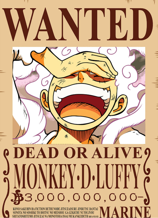 Wanted poster for Monkey D. Luffy with a large hand covering his face on a beige background.