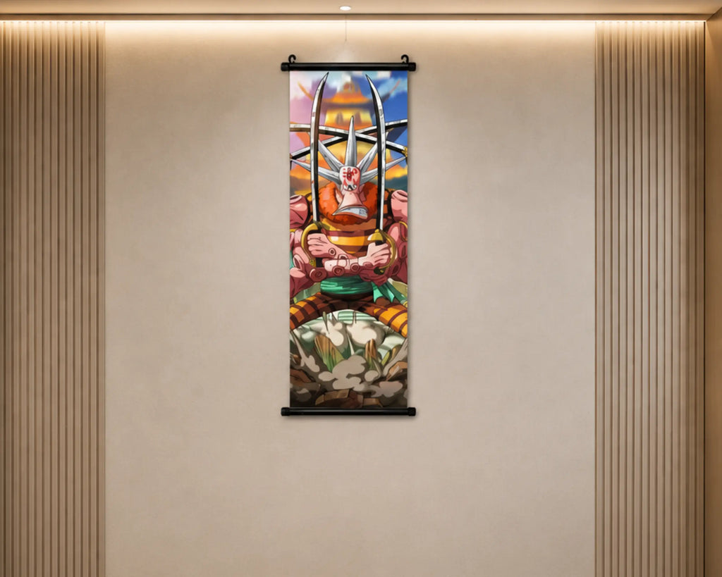 A colorful vertical wall scroll artwork hanging on a beige wall with slatted wood panels on both sides. The artwork depicts a stylized figure seated on a rock with bright abstract and geometric elements in pink, blue, yellow, green, and orange tones.