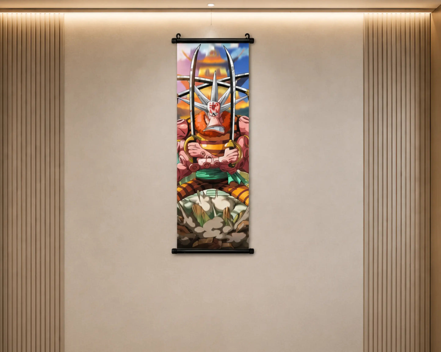 A colorful vertical wall scroll artwork hanging on a beige wall with slatted wood panels on both sides. The artwork depicts a stylized figure seated on a rock with bright abstract and geometric elements in pink, blue, yellow, green, and orange tones.