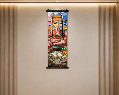 A colorful vertical wall scroll artwork hanging on a beige wall with slatted wood panels on both sides. The artwork depicts a stylized figure seated on a rock with bright abstract and geometric elements in pink, blue, yellow, green, and orange tones.