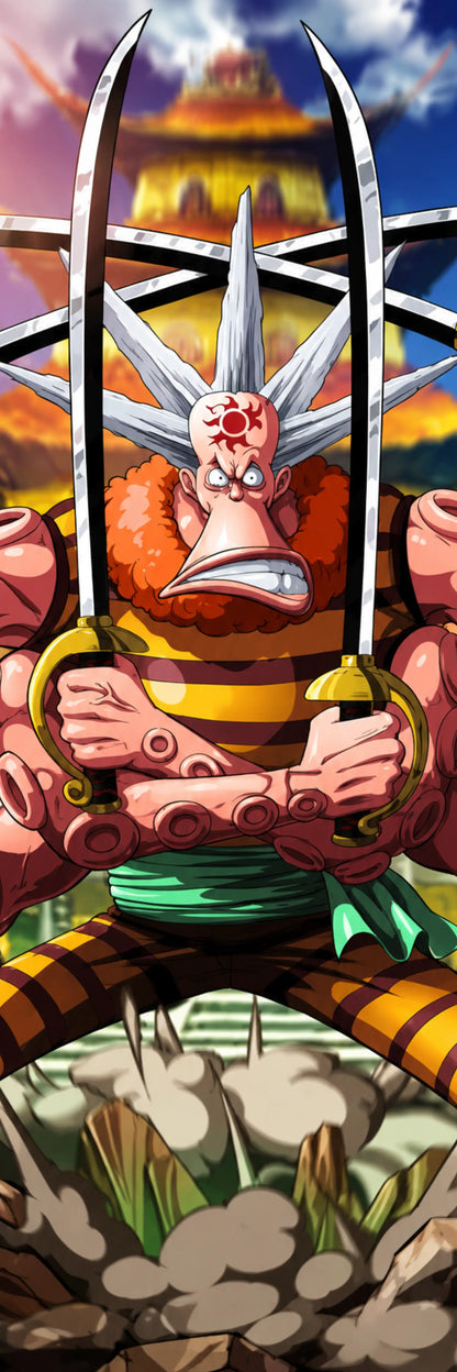 A stylized illustrated character with orange skin, a red flower on the forehead, and long silver blades on his back, shown in a dramatic action scene with a fiery sky and rocky ground.